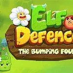 Fargerikt illustrert skilt med teksten Elf Defence omgitt av stiliserte blomster og karakterer i en grønn, fantasifull verden