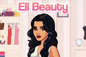 En tegnet kvinne med langt, svart hår står foran et klesskap, omgitt av klesplagg og tilbehør, med teksten Eli Beauty øverst