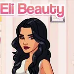 En tegnet kvinne med langt, svart hår står foran et klesskap, omgitt av klesplagg og tilbehør, med teksten Eli Beauty øverst