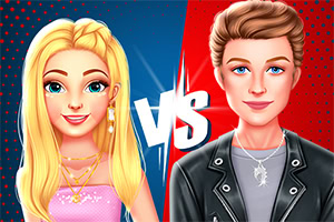 To animerte figurer, en blond kvinne og en brunhåret mann, står side om side med VS mellom seg på en todelt bakgrunn i blått og rødt