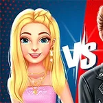 To animerte figurer, en blond kvinne og en brunhåret mann, står side om side med VS mellom seg på en todelt bakgrunn i blått og rødt