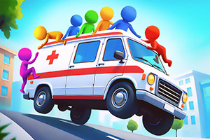 Fargerike figurer sitter på og klamrer seg fast til en ambulanse som kjører opp en bakke i et bymiljø