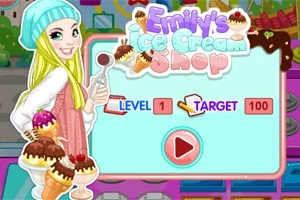 Tegneseriefigur med langt blondt hår og blå lue som holder flere iskremkjeks ved siden av en spillmeny med teksten Level 1, Target 100 og en stor startknapp