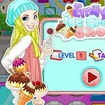 Tegneseriefigur med langt blondt hår og blå lue som holder flere iskremkjeks ved siden av en spillmeny med teksten Level 1, Target 100 og en stor startknapp
