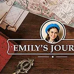 Mørkt trebord med kart, kompass, telefon med meldinger og et bilde av en kvinne med teksten Emilys Journey
