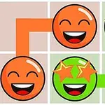 To glade emojis med åpne smil, den ene oransje og den andre grønn med stjerneøyne, er forbundet med fargede linjer på en rutenettbakgrunn