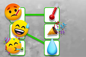 Emoji som viser ansikter med termometer, svette og festtema, koblet sammen med grønne linjer på en grå bakgrunn