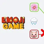 Teksten EMOJI GAME med emojis som inkluderer en blomst, nese, bie, sky med regn, gris, rød kryss, og en paraply