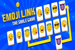 Blå bakgrunn med teksten Emoji Link The Smile Game og flere fliser med forskjellige emojier, inkludert smilende ansikter og en lilla djevel-emoji, koblet sammen med en gul linje