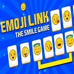 Blå bakgrunn med teksten Emoji Link The Smile Game og flere fliser med forskjellige emojier, inkludert smilende ansikter og en lilla djevel-emoji, koblet sammen med en gul linje
