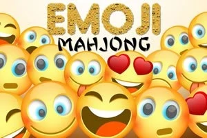Flere uttrykksfulle emoji-ansikter med forskjellige følelser, inkludert smil og hjerteøyne, med teksten Emoji Mahjong i bakgrunnen