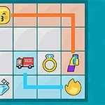 Emoji-rutenett med symboler som brannbil, diamant, ring og mobiltelefon, samt fargede linjer som forbinder dem