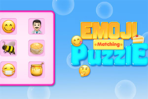 Emoji-matching-spill med fargerike bokstaver og ulike uttrykksikoner på blå bakgrunn