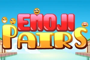 Teksten Emoji Pairs i fargerike bokstaver med emojier rundt, på en bakgrunn med blå himmel og vann