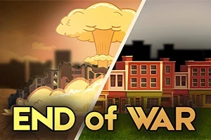 Illustrasjon som viser en delt scene med en soppformet sky og ødelagte bygninger på den ene siden, og fargerike byhus på den andre, med teksten End of War