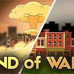 Illustrasjon som viser en delt scene med en soppformet sky og ødelagte bygninger på den ene siden, og fargerike byhus på den andre, med teksten End of War