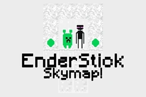 Tegnet spillillustrasjon med en grønn figur, en svart figur, to grønne diamanter og teksten EnderStick Skymap