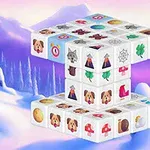 Snøkledde fjell i bakgrunnen med en stabel av kuber dekorert med ikoner av dyr og symboler i forgrunnen
