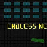 Neonfargede bokstaver som staver ENDLESS NEON med blå rektangler øverst, på en mørk bakgrunn