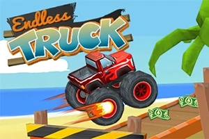 En rød monstertruck med store dekk kjører over en rampe ved en strand, med penger i luften og en palme i bakgrunnen