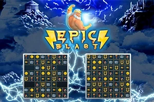 Zeus med en lysende kule i hånden over to spillebrett med antikke symboler og lyn i bakgrunnen