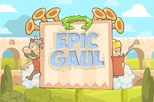 To tegneseriefigurer, en galler og en romersk soldat, står på hver sin side av en tavle med teksten Epic Gaul, omgitt av trompeter og en blå himmel med skyer og en akvedukt i bakgrunnen