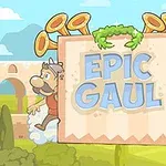 To tegneseriefigurer, en galler og en romersk soldat, står på hver sin side av en tavle med teksten Epic Gaul, omgitt av trompeter og en blå himmel med skyer og en akvedukt i bakgrunnen