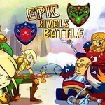 Tegnet bilde av fantasy-figurer inkludert alver og krigere i fargerike rustninger, med tekst Epic Rivals Battle og skjold i bakgrunnen