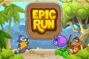 En tegneserieaktig vaskebjørn løper mot en lilla kjøttetende plante, mens en ape holder en pinne i en jungellignende setting med teksten Epic Run i midten