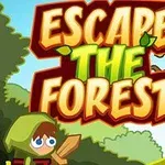 Tegnet figur i hettegenser med tresverd, omringet av trær og busker, med teksten Escape the Forest i bakgrunnen