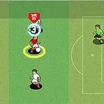 Tegneseriestil fotballspill med to spillere nær et mål og en keeper