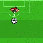 En pikselert fotballkamp med en ball, en keeper i rød drakt og en spiller i grønn drakt på en grønn bane