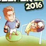 Tegneserieaktige figurer spiller fotball på en gressbakke, med en keeper som stopper ballen foran et mål