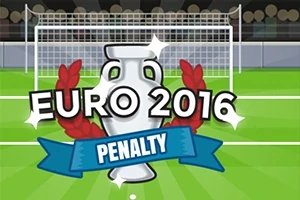 Illustrasjon av en fotballbane med et mål i bakgrunnen og teksten EURO 2016 Penalty integrert med et trofé