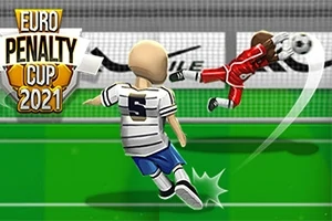 To fotballfigurer på en bane, en skyter en ball mot mål mens keeperen gjør en redning