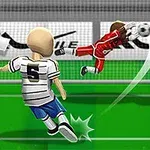 To fotballfigurer på en bane, en skyter en ball mot mål mens keeperen gjør en redning
