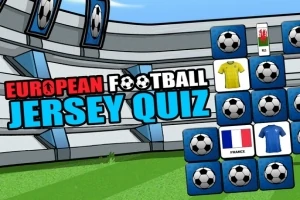 Tegneseriestil bilde av et fotballstadion med en quiz som viser flagg og fotballdrakter fra forskjellige europeiske land