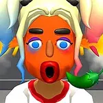 Tegneseriefigur med oransje ansikt, blå øyne og flerfarget hår, som holder en grønn chilipepper i munnen