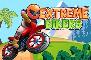 En tegneserieaktig motorsyklist med oransje hjelm kjører på en rød motorsykkel foran fargerik natur og teksten Extreme Bikers i bakgrunnen