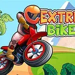 En tegneserieaktig motorsyklist med oransje hjelm kjører på en rød motorsykkel foran fargerik natur og teksten Extreme Bikers i bakgrunnen