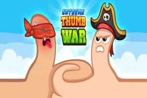 To tomler utkledd som en ninja og en pirat, klare for kamp med teksten Extreme Thumb War i bakgrunnen