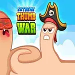To tomler utkledd som en ninja og en pirat, klare for kamp med teksten Extreme Thumb War i bakgrunnen