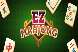 Logo for EZ Mahjong på grønn bakgrunn med fire mahjong-brikker i hjørnene