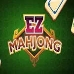 Logo for EZ Mahjong på grønn bakgrunn med fire mahjong-brikker i hjørnene