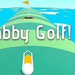 En fargerik golfbane med flagg på toppen, en hvit golfball, og teksten Fabby Golf!