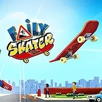 En animert karakter hopper med et skateboard i en bylandskap med skyskrapere i bakgrunnen