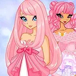 To animefigurer med rosa hår og kjoler, omgitt av en blå bakgrunn med lyse sirkler