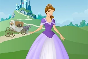 En prinsesse i en lilla kjole står foran en sti med en hest og vogn, med et slott i bakgrunnen