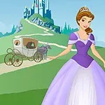 En prinsesse i en lilla kjole står foran en sti med en hest og vogn, med et slott i bakgrunnen