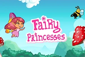 En illustrasjon av en rosa alvprinsesse med vinger som svever over en skog med sopper og en flyvende bie, tekst Fairy Princesses i rosa i bakgrunnen
